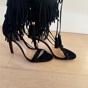 SCHUTZ Shoes Black Gold Tasseled/fringe  Suede Back Zipper Stiletto Heels